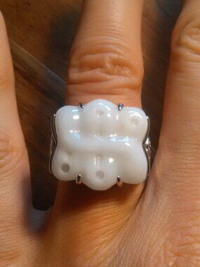 Carved Natural White Jade Sterling Silver Ring (Size 7)
